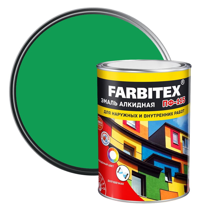 Эмаль алкидная ПФ-115 Farbitex зеленая яркая 0,8 кг
