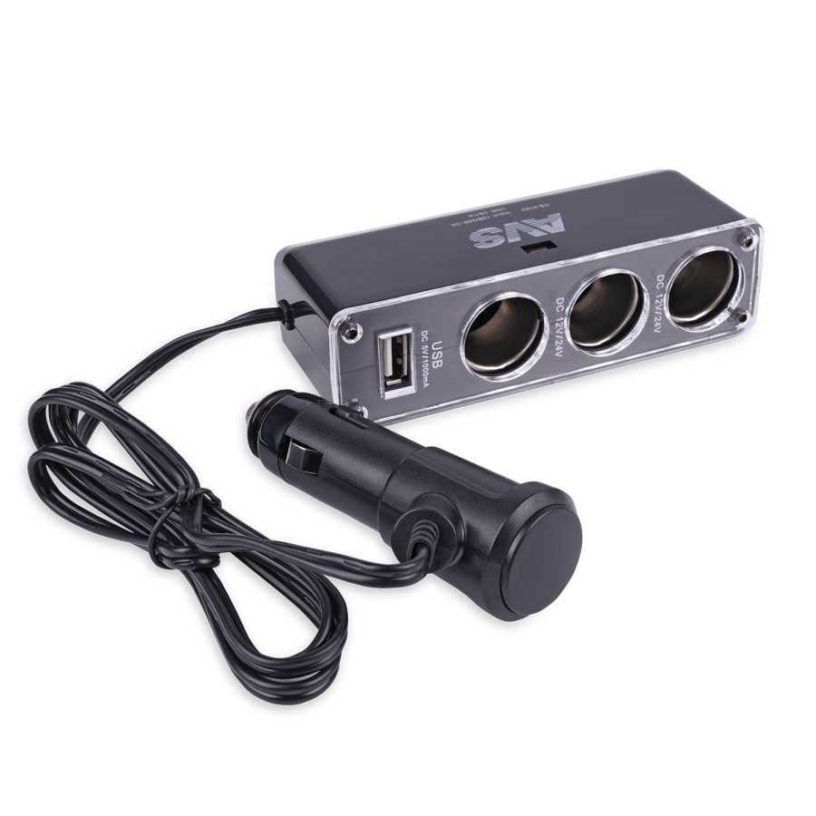 Прикуриватель-разветвитель/3 гнезда/+USB/шнур 100см/черный/AVS