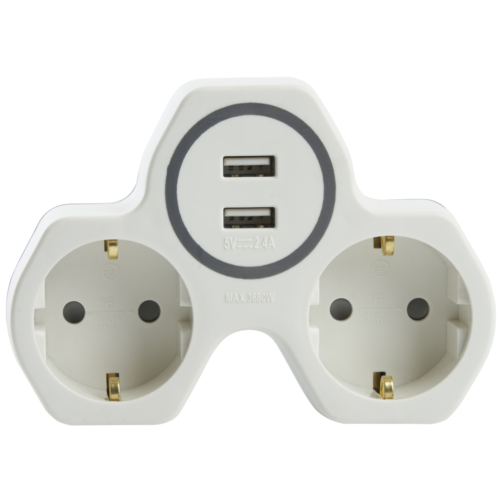 Адаптер сетевой ADP16-14-20 /2гн/250В/з/к/+2USB 2400mA/белый/серый/ Stekker