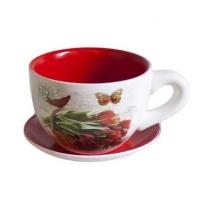 Горшок для цветов керамический Чашка с блюдцем красный, d150 мм